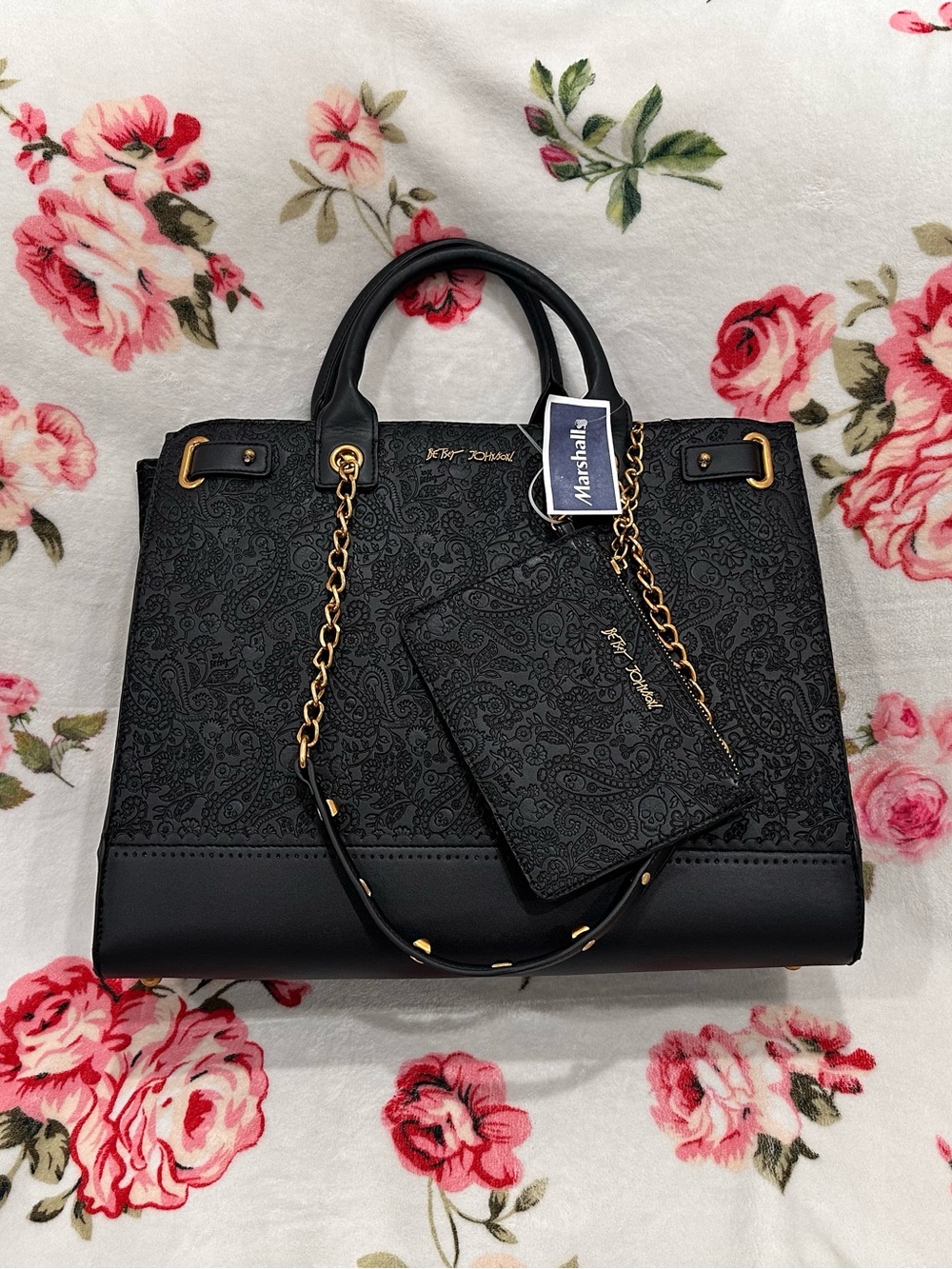 Betsey Johnson Black Embossed Skull Floral Satchel Bag with Matching Pouch